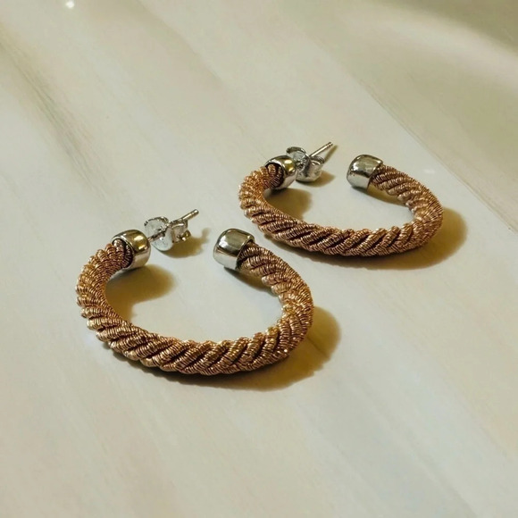 Gold & Sterling Twisted Mesh Rope Hoop Earrings - Picture 4 of 6